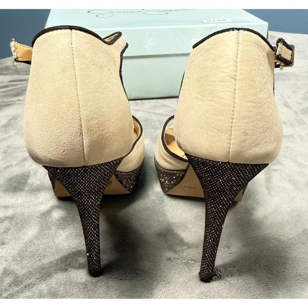 Jessica Simpson Bansi Heels Womens 6.5 Bone Platform T-Strap Sandals Glitter